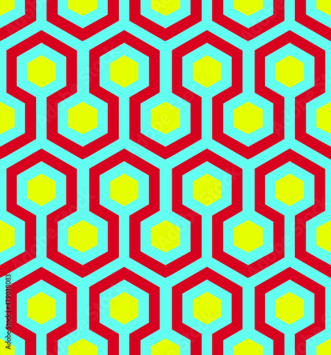 Vector seamless geometrical pattern of abstract colorful hexagonal shapes in the style of sixities psychedelic patterns. photo