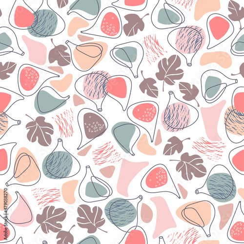 Seamless pattern with fig fruits colored shapes. Hand drawing ink illustration.