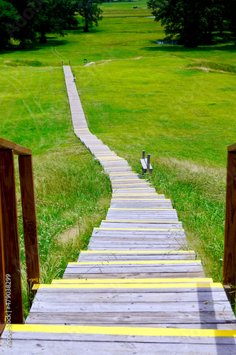 Poverty Point World Heritage Site in Louisiana is a prehistoric monumental earthworks site constructed by the Poverty Point culture. Boardwalk stairs descending the largest earthen mound - Mound A.  photo