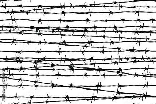 Impenetrable entangled barbed wire vector seamless pattern. Black  on white illustration backdrop.