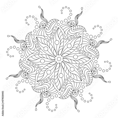 Mandala, Doodle coloring book page. White and black round. Anti-stress therapy patterns, meditation, for Henna, Mehndi, tattoo, decoration. Vector illustration