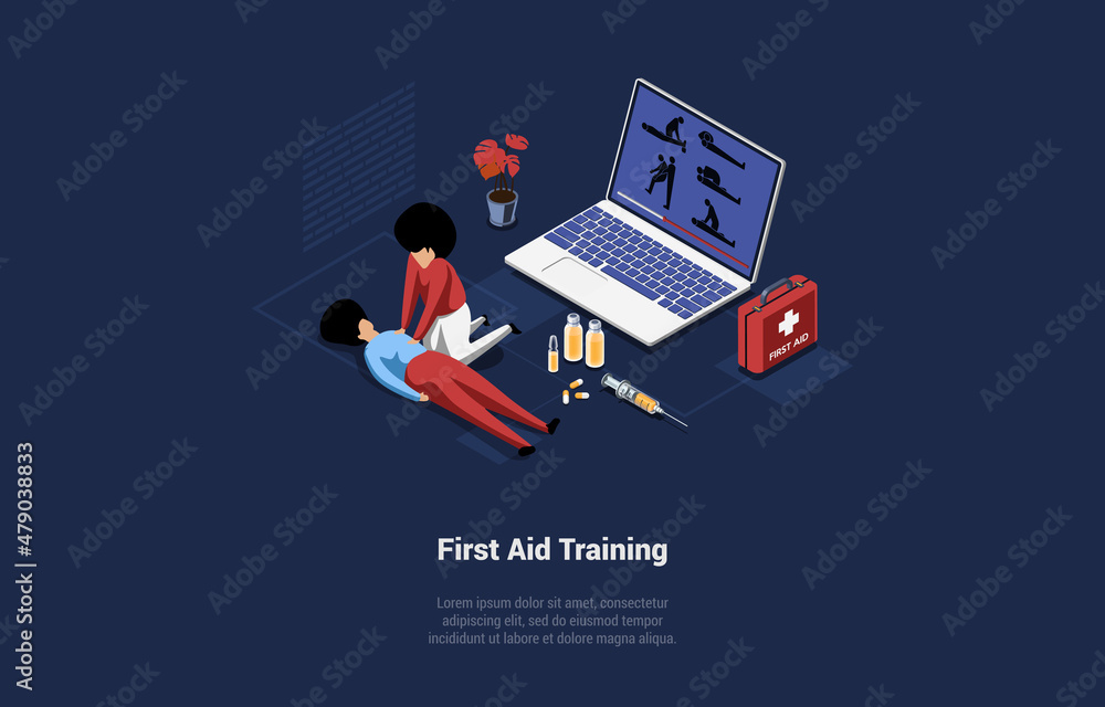 Vector Illustration In Cartoon 3D Style. Isometric Composition On Dark Background With Text And Characters. First Aid Training Concept. Medical Help Course, Lesson Of Professional Health Ambulance Vector Illustration In Cartoon 3D Style. Isometric Composition On Dark Background With Text And Characters. First Aid Training Concept. Medical Help Course, Lesson Of Professional Health Ambulance