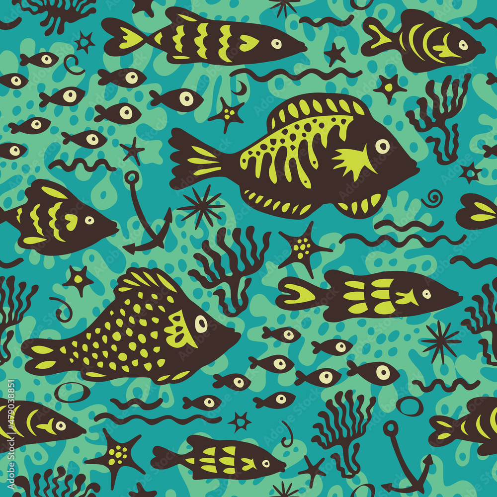 Cute seamless pattern with underwater live: starfish, fishes. Vector tropical background.
