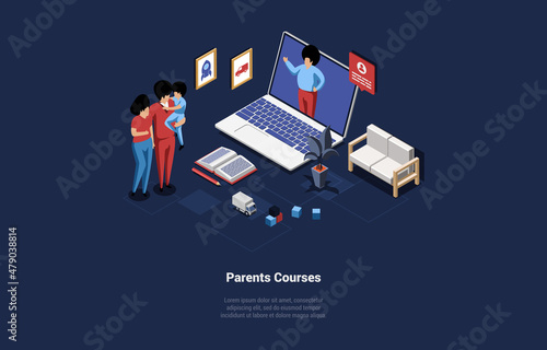 Vector Illustration In Cartoon 3D Style. Isometric Composition On Dark Background With Text And Characters. Parents Courses Concept. Internet Education, Remote Online Learning, Children Raising Method