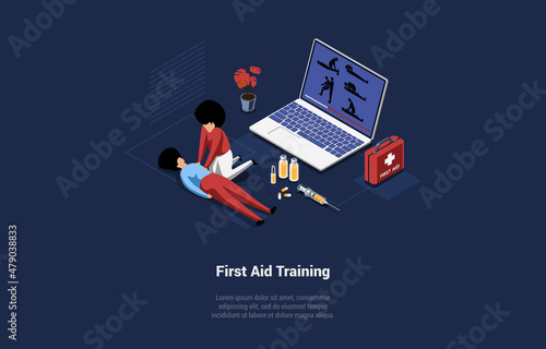 Vector Illustration In Cartoon 3D Style. Isometric Composition On Dark Background With Text And Characters. First Aid Training Concept. Medical Help Course, Lesson Of Professional Health Ambulance