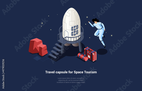 Vector Illustration In Cartoon 3D Style. Isometric Composition On Dark Background With Text And Characters. Travel Capsule For Space Tourism Concept. Spaceman Near Rocket, Cosmos, Stars, Suitcase