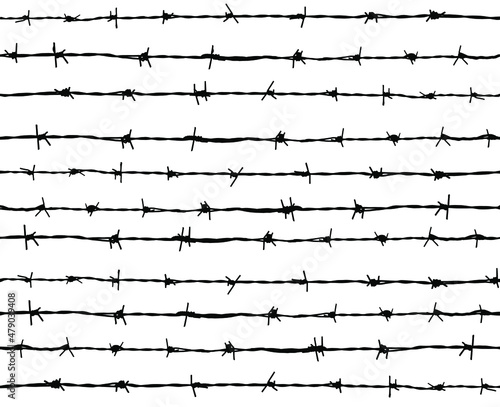 Barbed wire vector seamless pattern of horizontal lines in black and white.