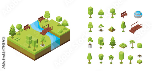  Vector isometric illustration. Concept of an ecological botanical park, natural recreation areas with a pond and bridge. Natural landscape, environment. Set of 3d trees and outdoor furniture icons