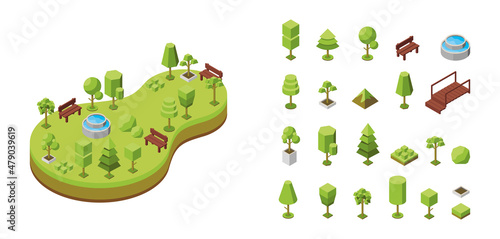 Vector isometric illustration. Concept of an ecological botanical park, natural recreation areas with a fountain. Natural landscape, environment. Set of 3d trees and outdoor furniture isometric icons