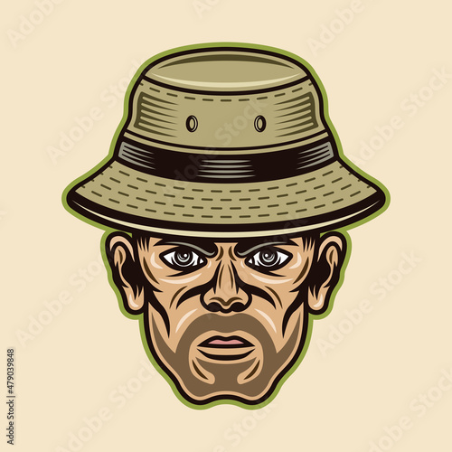 Fisherman in bucket hat with bristle. Vector character illustration in colorful cartoon style isolated on light background