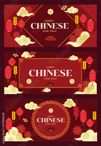 Happy Chinese New Year greeting card  social media post  banner and printables. Including cny elements like lantern  cloud  hand fan and flower. Vector pack bundle