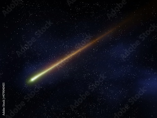 Meteorite in the night sky against the background of stars. Meteor glows in the atmosphere. Comet is approaching the Earth's orbit