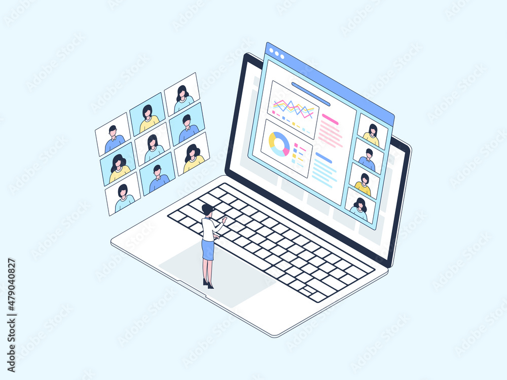 Naklejka premium Business Presentation Isometric Illustration Lineal Color. Suitable for Mobile App, Website, Banner, Diagrams, Infographics, and Other Graphic Assets.