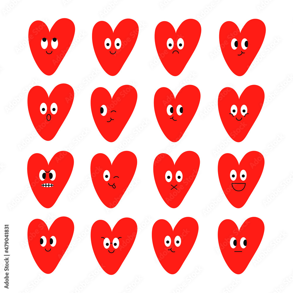 Funny icons hearts with character faces isolated on a white background. Trendy colorful illustration for kids design. Cartoon style. Vector hand drawn illustration