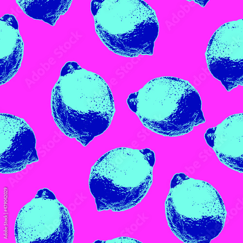 Seamless vector pop art style pattern of blue lemons randomly distributed on pink background in vaporwave style. 