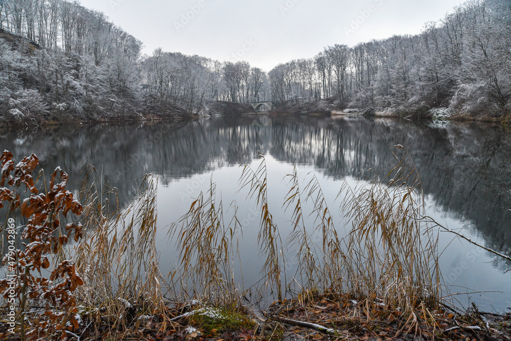 Winter lake landscape. Szmaragdowe lake in Szczecin, Poland in winter. - obrazy, fototapety, plakaty 