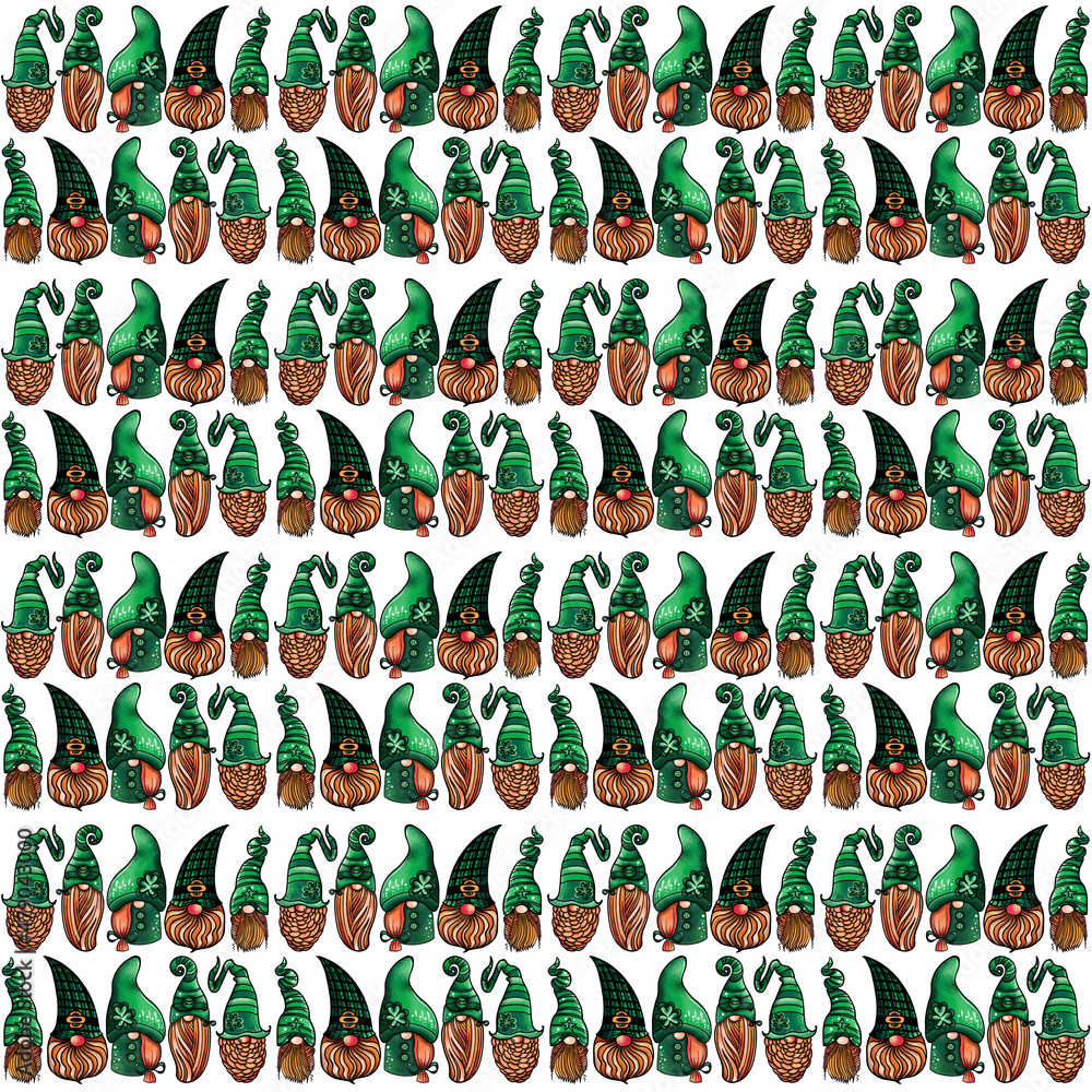 Seamless pattern illustration of a gnome with a beard in a hat. Symbol for the feast of st patrick on white isolated background. High quality illustration Seamless pattern illustration of a gnome with a beard in a hat. Symbol for the feast of st patrick on white isolated background. High quality illustration
