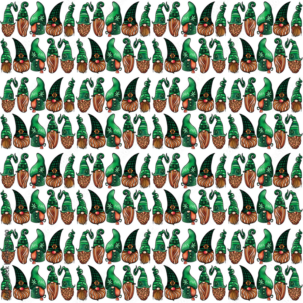 Seamless pattern illustration of a gnome with a beard in a hat. Symbol for the feast of st patrick on white isolated background. High quality illustration