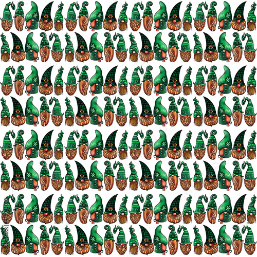 Seamless pattern illustration of a gnome with a beard in a hat. Symbol for the feast of st patrick on white isolated background. High quality illustration
