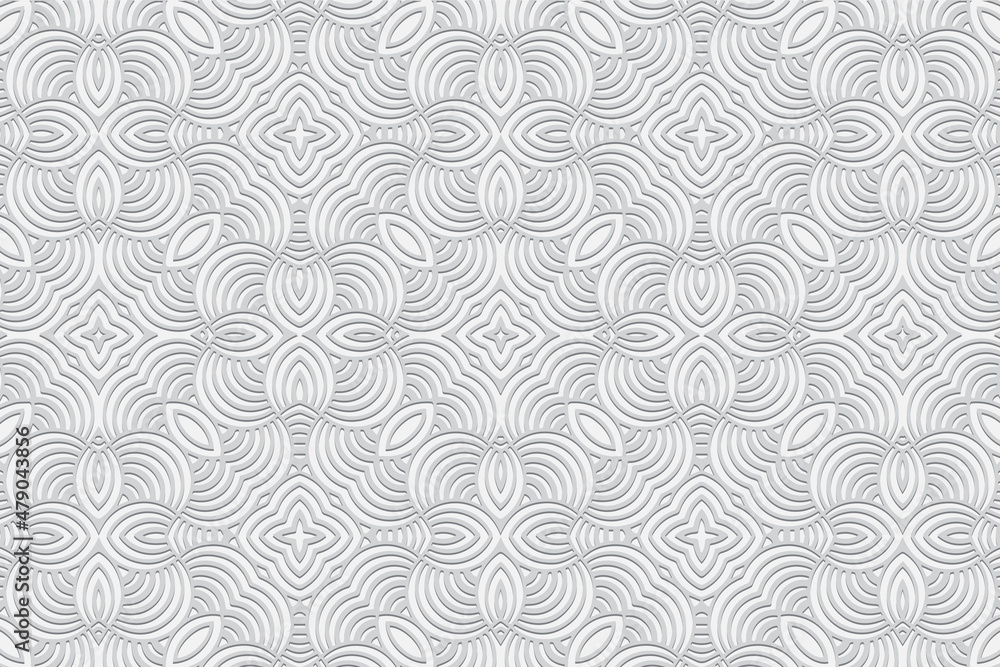 Artistic embossed white background. Stylish geometric 3D pattern with handmade elements. Ethnicity of the peoples of the East, Asia, India, Mexico, Aztec. Cover design for creativity. Artistic embossed white background. Stylish geometric 3D pattern with handmade elements. Ethnicity of the peoples of the East, Asia, India, Mexico, Aztec. Cover design for creativity.