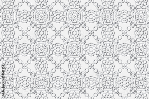 Artistic embossed white background. Openwork geometric 3D pattern with handmade elements. Ethnicity of the peoples of the East, Asia, India, Mexico, Aztec. Cover design for creativity.