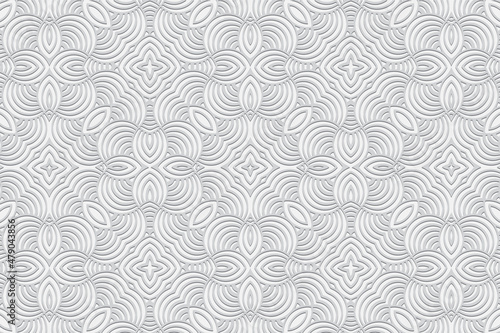 Artistic embossed white background. Stylish geometric 3D pattern with handmade elements. Ethnicity of the peoples of the East, Asia, India, Mexico, Aztec. Cover design for creativity.