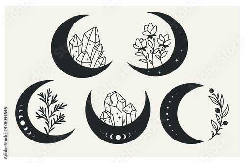 Collection of crescent moon with magic crystals, wildflowers, branches. Mystical symbol. Celestial object. The moon has a slit pattern. Good for design of magic and spiritual shops and goods, tattoos,