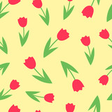 Spring seamless pattern in flat style with flowers and hearts on yellow background. Valentines cards, banners, posters, mug, scrapbooking, pillow case, phone cases and clothes design. 