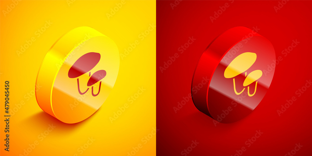 Isometric Mushroom icon isolated on orange and red background. Circle button. Vector Isometric Mushroom icon isolated on orange and red background. Circle button. Vector