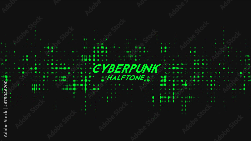 Fototapeta premium Abstract vector green cyberpunk halftone sound wave. Scrathed dotted texture element.