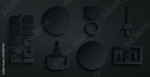 Set Baseball ball, Fencing, TPX loop training equipment, Sport mechanical scoreboard, Medal and Volleyball icon. Vector