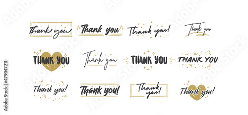 Thank you card. Beautiful greeting card with calligraphy text with gold decoration. Hand drawn invitation. Thanks message.