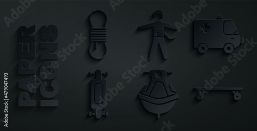 Set Jet ski, Ambulance and emergency car, Longboard or skateboard, Bungee jumping and Climber rope icon. Vector