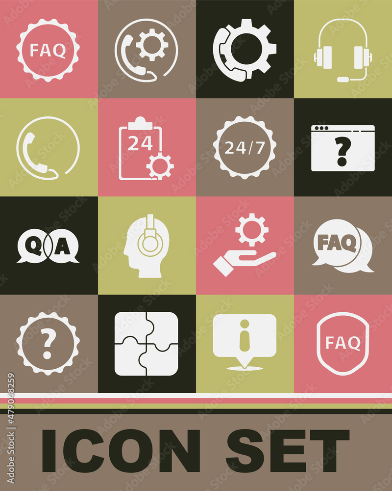 Set Shield with text FAQ, Speech bubble, Browser question mark, Telephone 24 hours support, Checklist service, Label and Clock icon. Vector Set Shield with text FAQ, Speech bubble, Browser question mark, Telephone 24 hours support, Checklist service, Label and Clock icon. Vector
