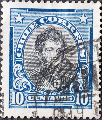 .Chile - circa 1912: A post stamp from the Chile showing a portrait of the military and independence fighter Bernardo O’Higgins (1776-1842) photo
