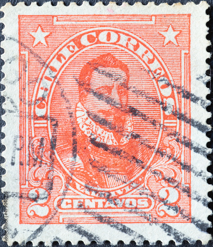 Chile - circa 1915: A post stamp from the Chile showing a portrait of the soldier and conquistador Pedro de Valdivia (c. 1497-1553) photo
