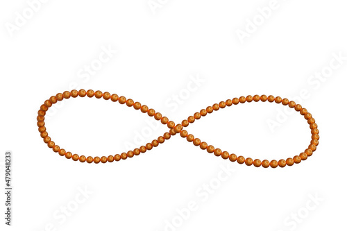 Infinity sign in the form of golden spheres with texture. 3d rendering on white isolated background.