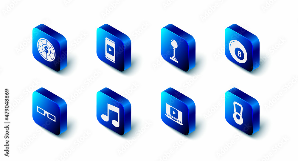 Set Online play video, Joystick for arcade machine, Billiard pool snooker ball, Kettlebell, Music note, tone, Cinema glasses and Casino chips icon. Vector Set Online play video, Joystick for arcade machine, Billiard pool snooker ball, Kettlebell, Music note, tone, Cinema glasses and Casino chips icon. Vector
