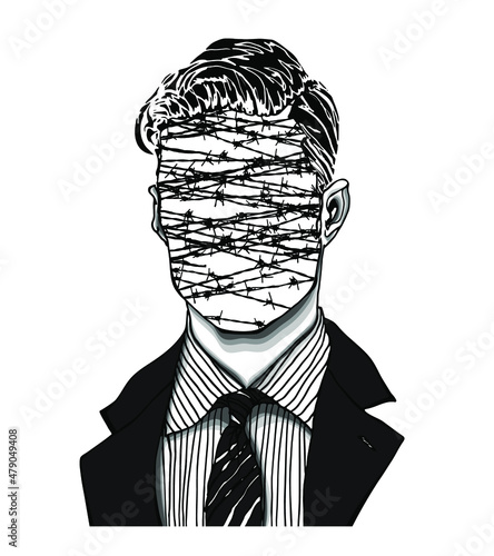 Hand drawn portrait of a strange handsome man with anonymous face with barbed wires. Head in modern and surreal tattoo art. Isolated vector illustration.