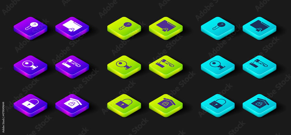 Set Lock, House under protection, Key, Marked key, Folder and lock and Undefined icon. Vector Set Lock, House under protection, Key, Marked key, Folder and lock and Undefined icon. Vector
