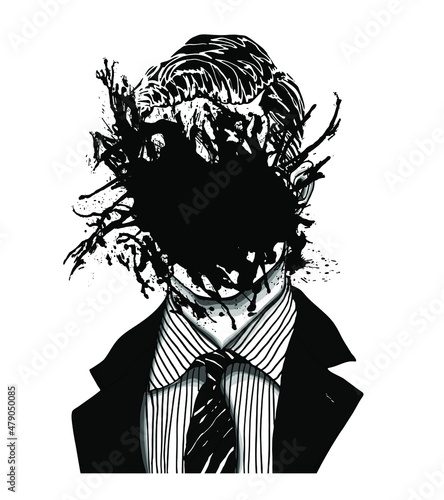 Hand drawn portrait of a strange handsome man with anonymous face canceled by a big ink blot splatter. Head in modern and surreal tattoo art. Isolated vector illustration.