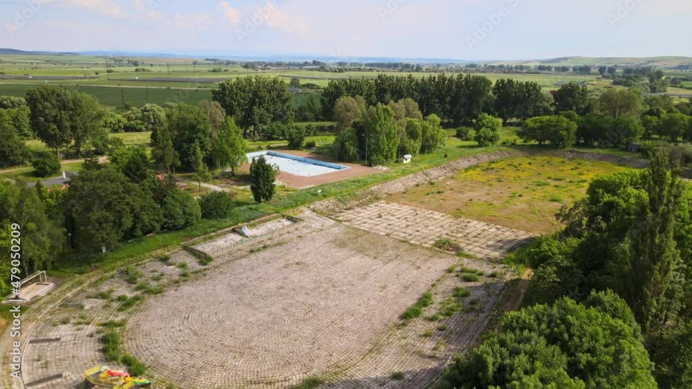 Aerial view of a swimming pool in the town of Tornala in Slovakia