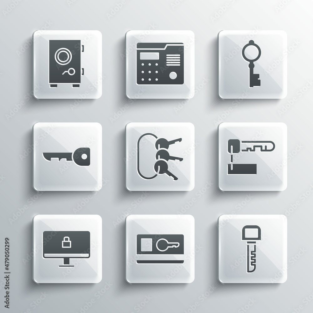 Set Key card, Marked key, Bunch of keys, Lock on computer monitor, Safe and Old icon. Vector Set Key card, Marked key, Bunch of keys, Lock on computer monitor, Safe and Old icon. Vector