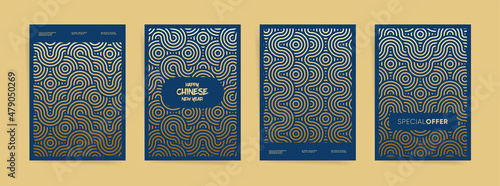 Japanese festival poster design template set. Chinese lunar new year style. A4 vector corporate business layouts. Blue geometric patterns graphic for brochure, flyer, banner, presentation, cover.