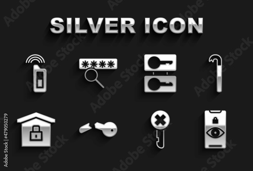 Set Broken key, Crowbar, Eye scan, Wrong, House under protection, Casting keys, Car with remote and Password icon. Vector