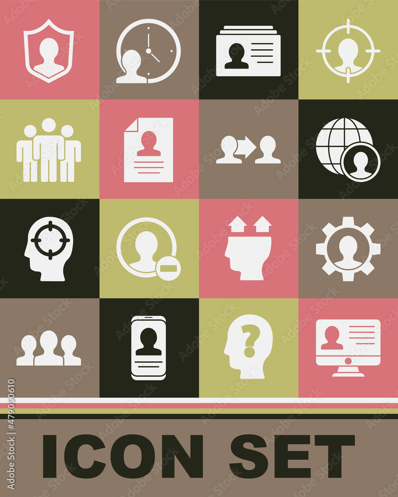 Set Monitor with resume, Human gear, Globe and people, Resume, Users group, protection and Project team base icon. Vector Set Monitor with resume, Human gear, Globe and people, Resume, Users group, protection and Project team base icon. Vector