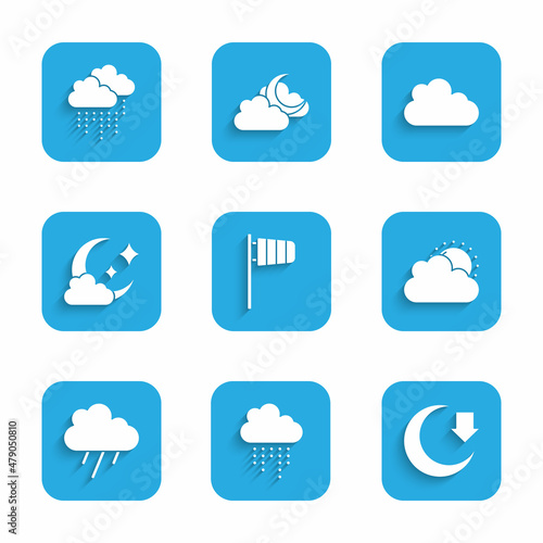 Set Cone windsock wind vane, Cloud with rain, Moon, Sun and cloud weather, moon, and icon. Vector © Kostiantyn