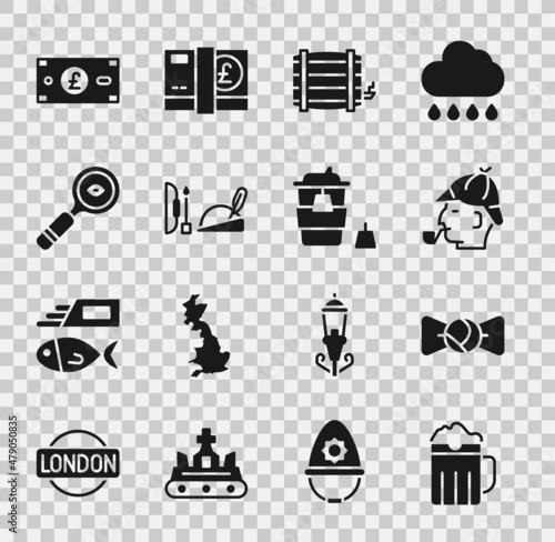 Set Wooden beer mug, Bow tie, Sherlock Holmes, barrel, Robin hood hat, Magnifying glass, Pound sterling money and Coffee cup to go icon. Vector