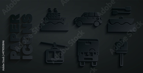 Set Bus, Boat with oars, Cable car, Parking, Hatchback and Cruise ship icon. Vector