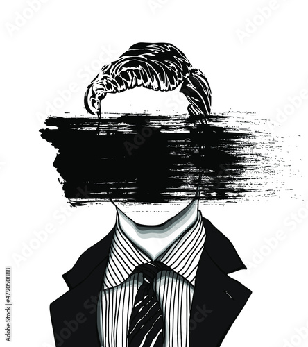 Hand drawn portrait of a strange handsome man with brushed out canceled anonymous face. Head in modern and surreal tattoo art. Isolated vector illustration.